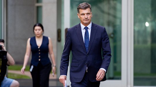 Angus Taylor MP announces his resignation from the coalition front bench at Parliament House in Canberra on February 11, 2026. fedpol Photo: Dominic Lorrimer