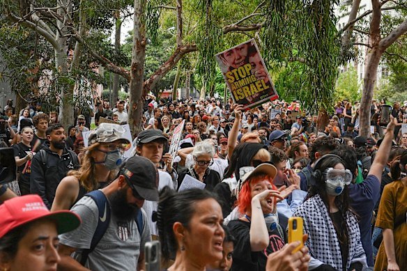 Protesters gathered in Harmony Park on Tuesday.