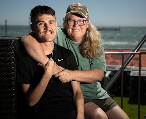 Cooper Smith with his mother, Bron Leeks, at the Frankston’s Waterfront Festival stage.