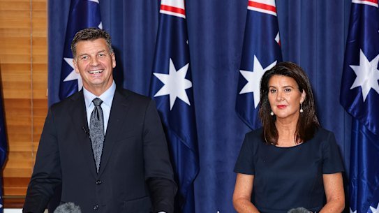 New Liberal leader Angus Taylor and new Deputy Liberal leader Senator Jane Hume during a press conference at Parliament House in Canberra.