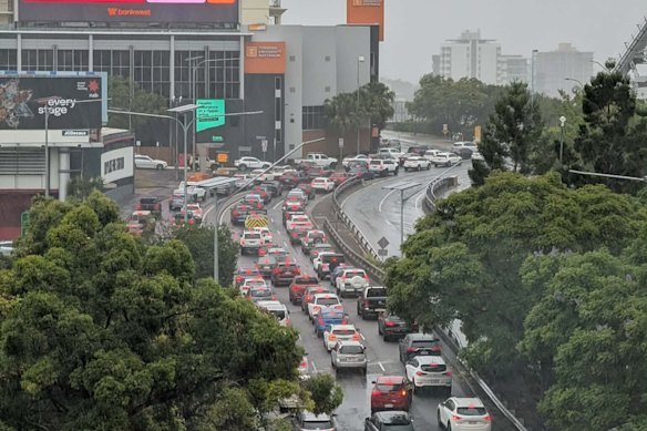 Afternoon traffic backed up on the Story Bridge on February 13 2026.
