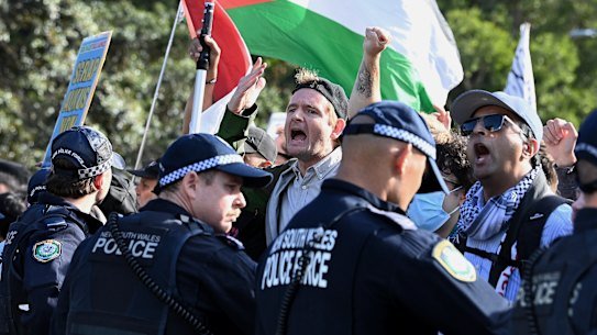 NSW police in front of pro-Palestine protesters in November.