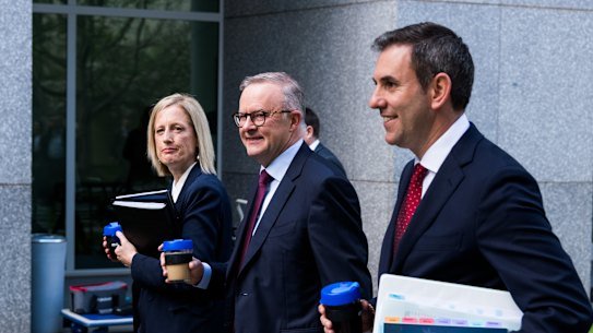 Finance Minister Katy Gallagher, Anthony Albanese and Jim Chalmers with the 2022 federal budget. Without reform, it may be one of the last budgets to end up in surplus.