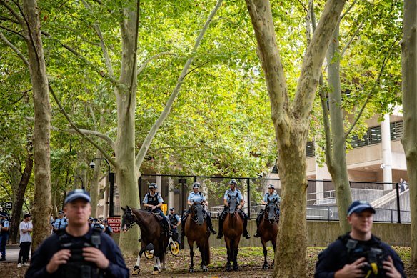 Mounted police among those outside Sydney Police Centre on Tuesday.