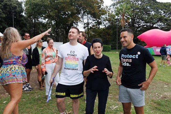 Jesse Matheson, City of Sydney Lord Mayor Clover Moore and Sydney MP Alex Greenwich at Fair Day. 