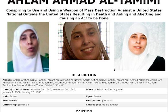 The most wanted poster for Ahlam Aref Ahmad al-Tamimi.