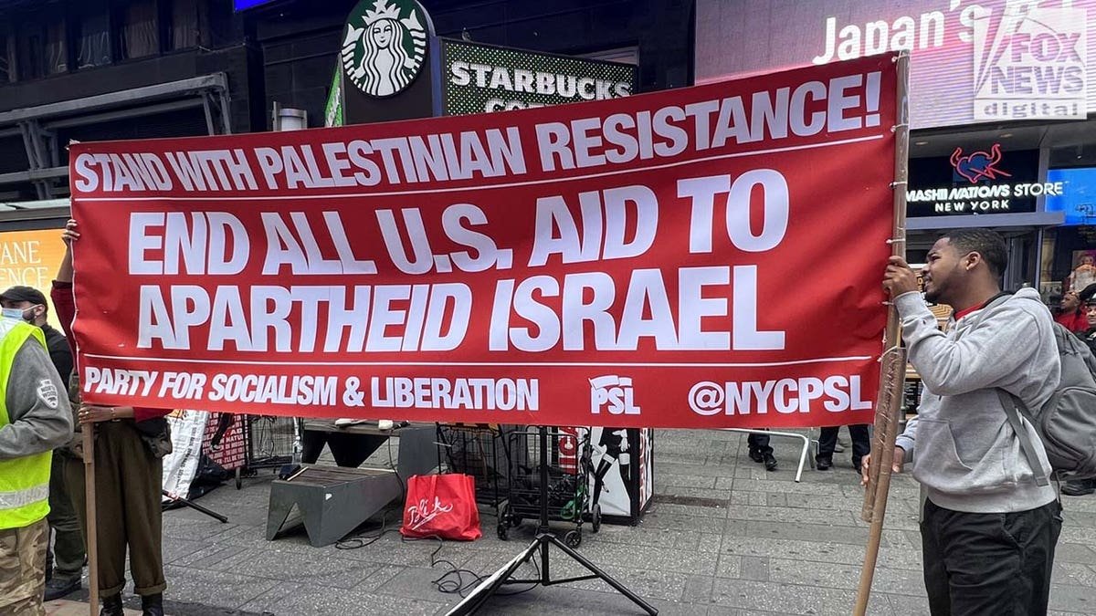 Pro-Palestinian banner advocating for ending aid to Israel at a New York City rally