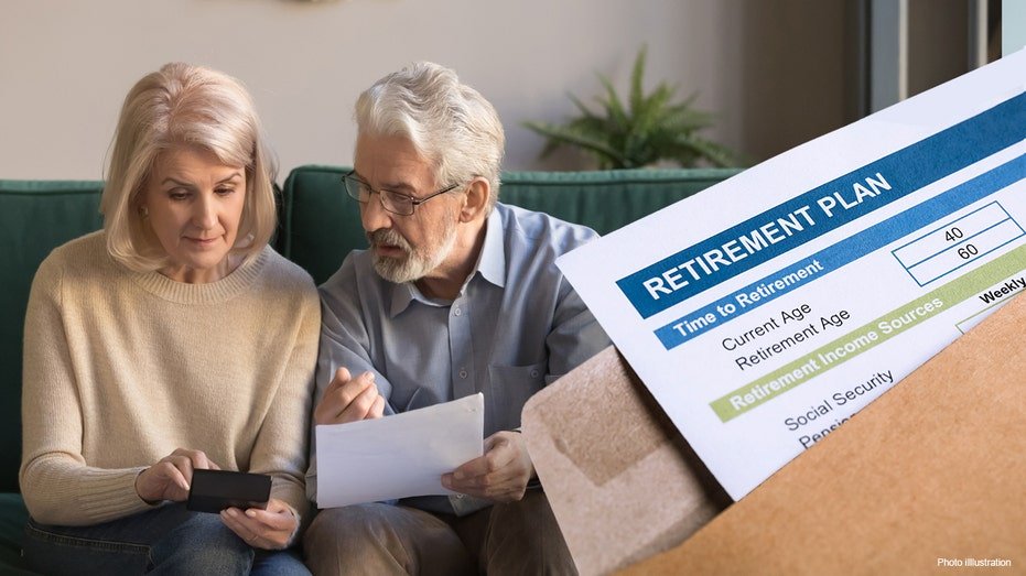 An Older couple discussing forms with an overlay of Retirement plan documents