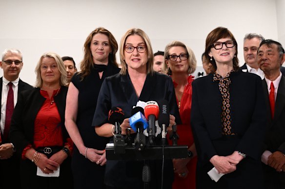 Victorian Premier Jacinta Allan on Tuesday with colleagues who were invited to defend the handling of the CFMEU scandal.