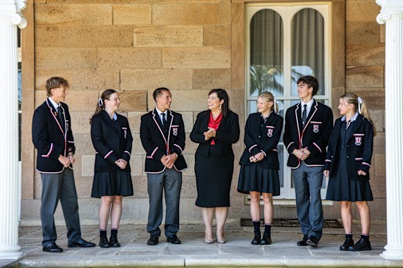 Cranbrook principal Dr Anne Johnstone with students Max Scales, Nia Dowson, Charlie Harris, Lucy Foster, Slade Keating and Sienna Novak.