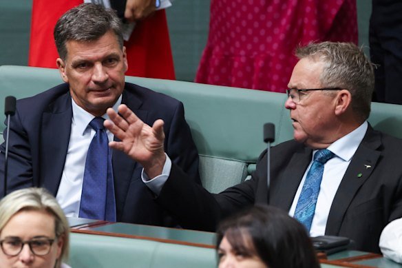 Tips on a leadership challenge … Angus Taylor speaks to Nationals MP Colin Boyce on Thursday morning. Boyce challenged his own leader recently.