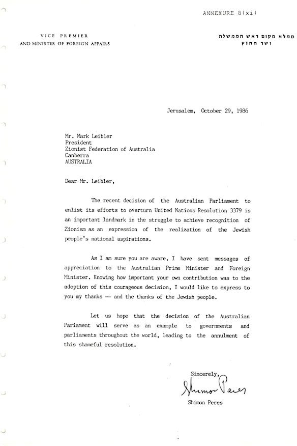 Letter from Shimon Peres to Mark Leibler.