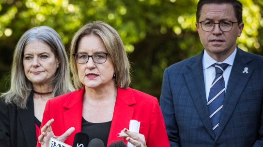 Premier Jacinta Allan with Attorney-General Sonya Kilkenny and Police Minister Anthony Carbines,