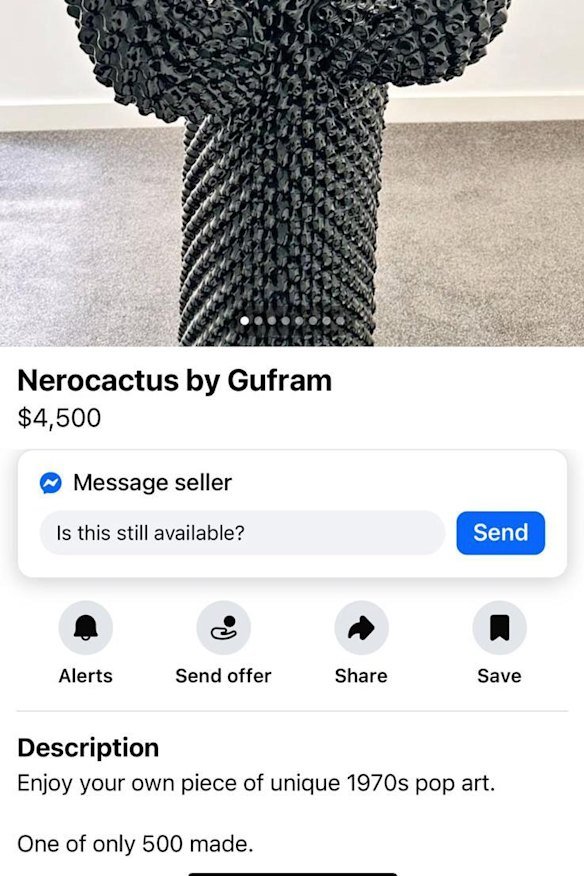 Former News Corp exec John McGourty is selling a designer “Nerocactus” made by Gufram on Facebook marketplace.