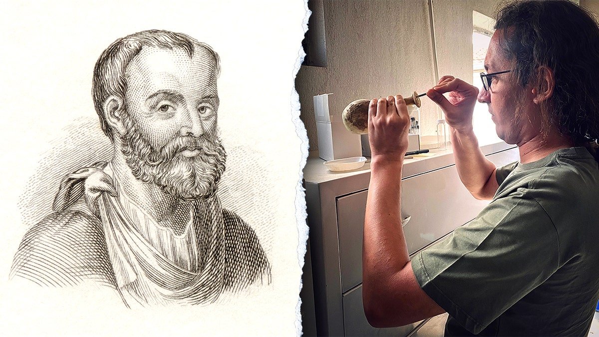 Portrait of Galen next to researcher working with vessel