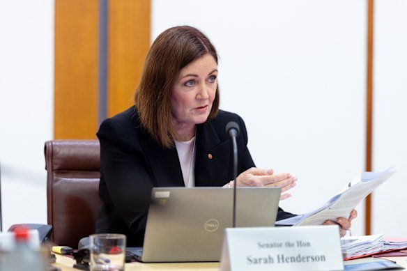 Senator Sarah Henderson pictured in Senate estimates on Tuesday.