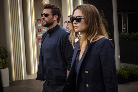 Liam Hemsworth and his fiancee Gabriella Brooks arrive for the men’s final at the 2026 Australian Open.
