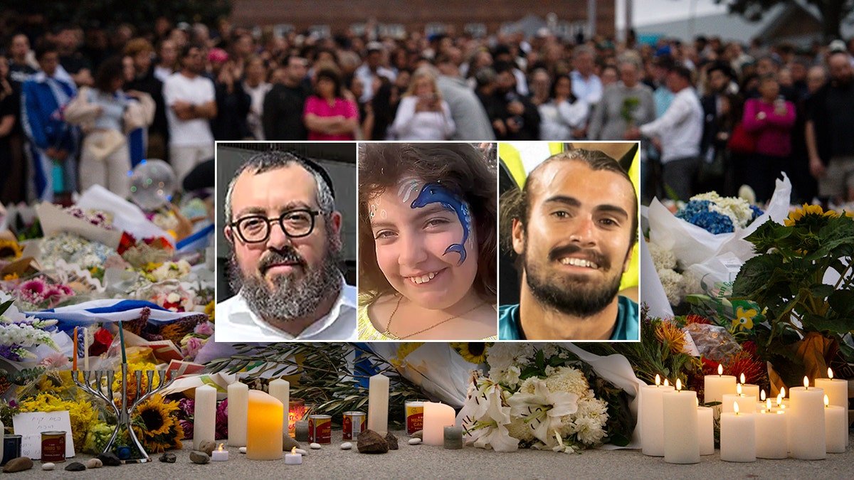 Inset of three victims of the Bondi Beach attack with flowers, candles, and mourners in the background.