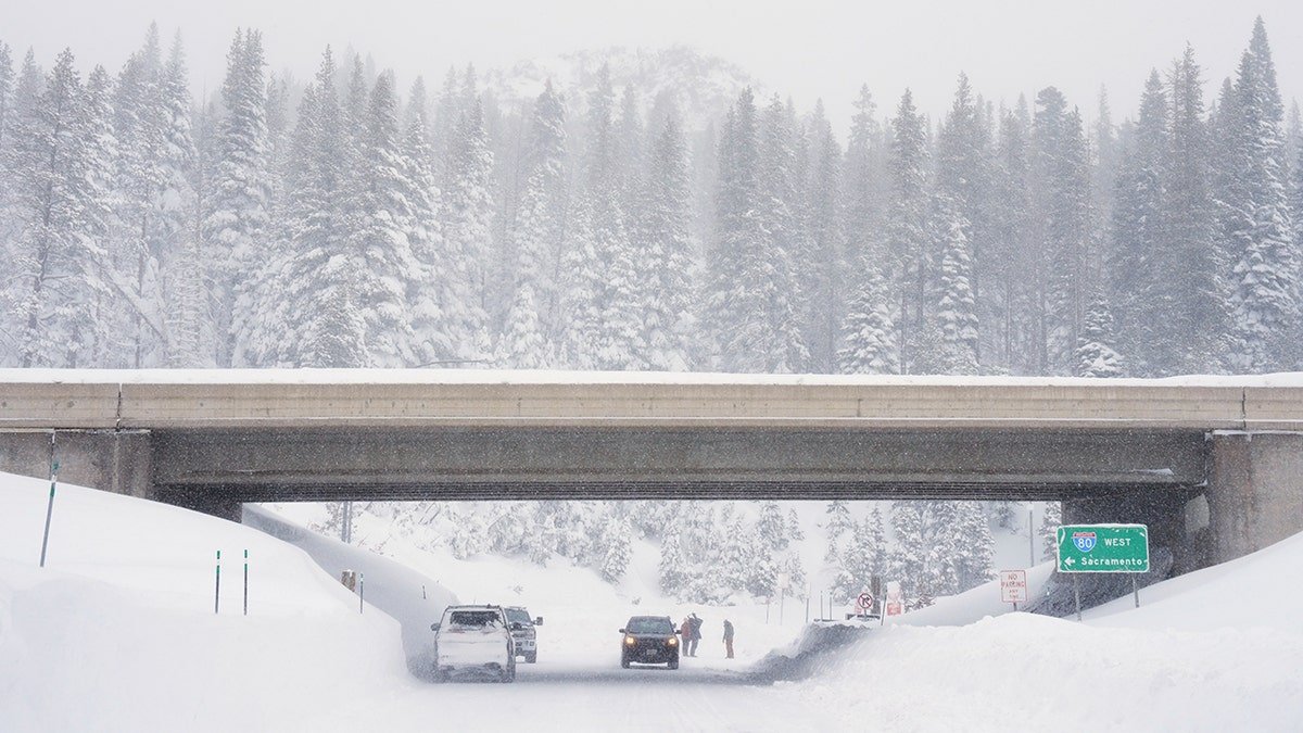 Snow covers underpass in California