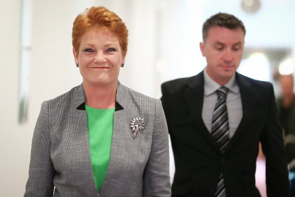 One Nation’s Pauline Hanson with adviser James Ashby.