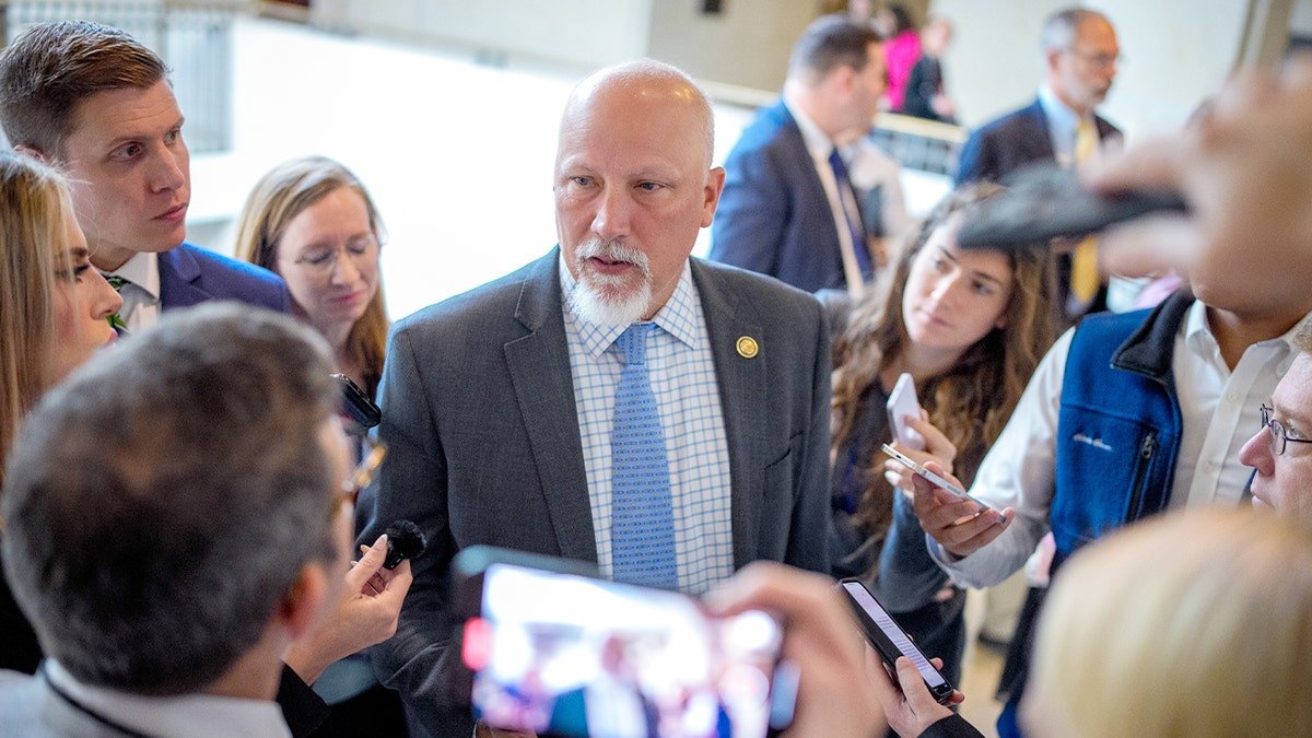 Chip Roy talks with members of the press after a Capitol Hill news conference during a government shutdown.