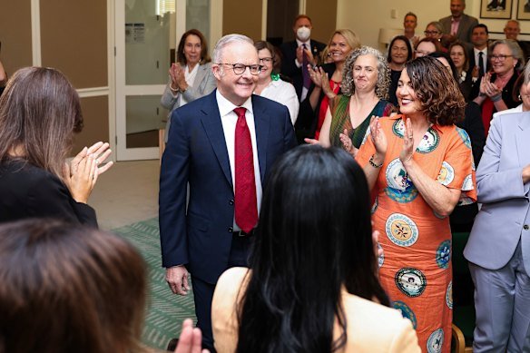 Prime Minister Anthony Albanese arrives for the Labor caucus meeting on Monday.