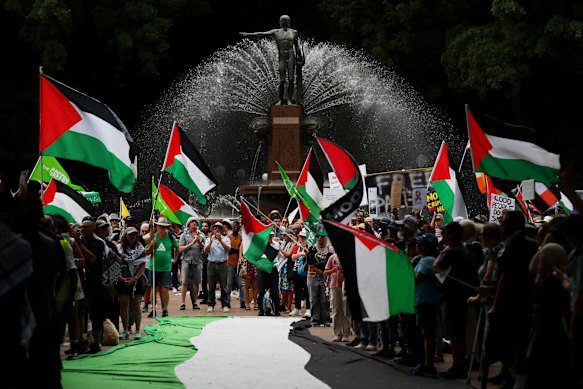 Protesters in Sydney on Sunday during a rally against Israeli President Isaac Herzog’s upcoming Australian visit.