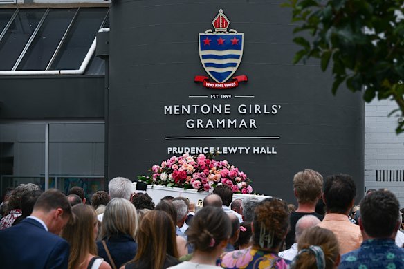 Crowds at Bianca Jones’ funeral at Mentone Girls Grammar in 2024.