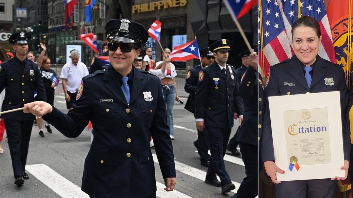 Officer Patricia Espinosa marches in uniform during a parade in New York City.