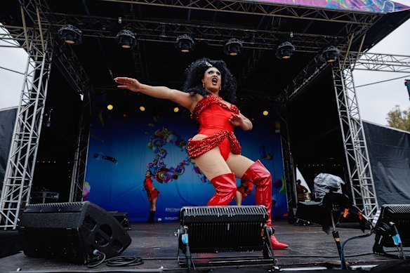 Drag performer Aunty Tamara on stage at the Sydney Mardi Gras Fair Day.