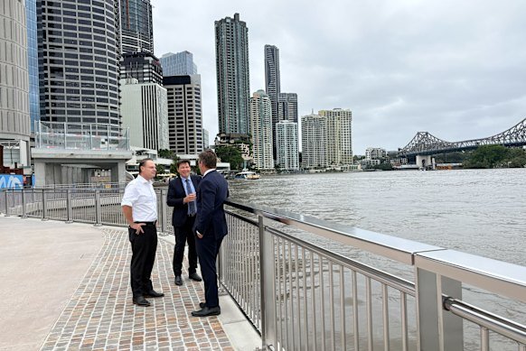 Schrinner walking the new path with Dexus chief executive Ross Du Vernet and project director for Waterfront Brisbane Matthew Beasley.