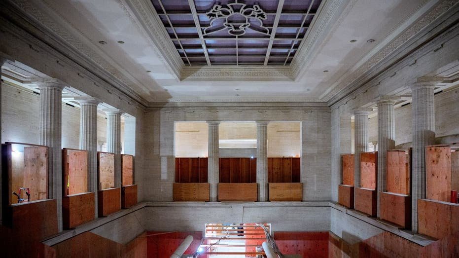 The atrium of the Federal Reserve building under construction.