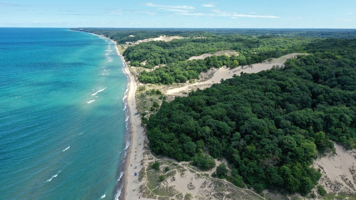 Aerial view of Lake Michigan and Warren Dunes State Park in Michigan.