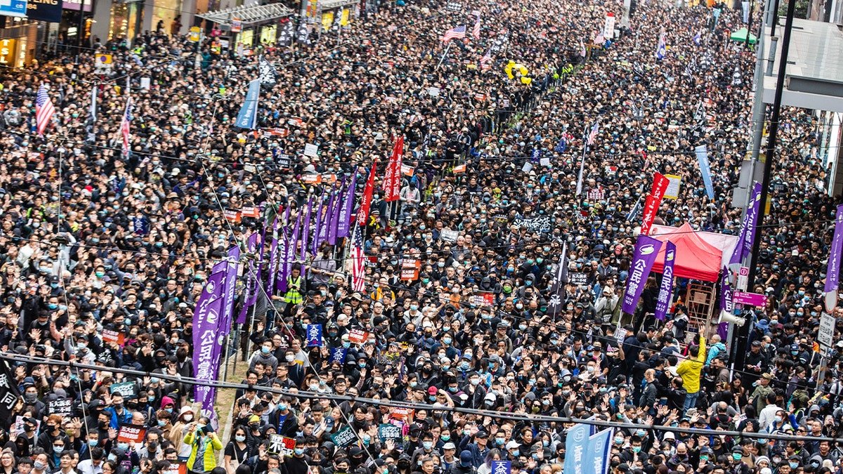 Protesters marching on a city street while holding banners and signs.