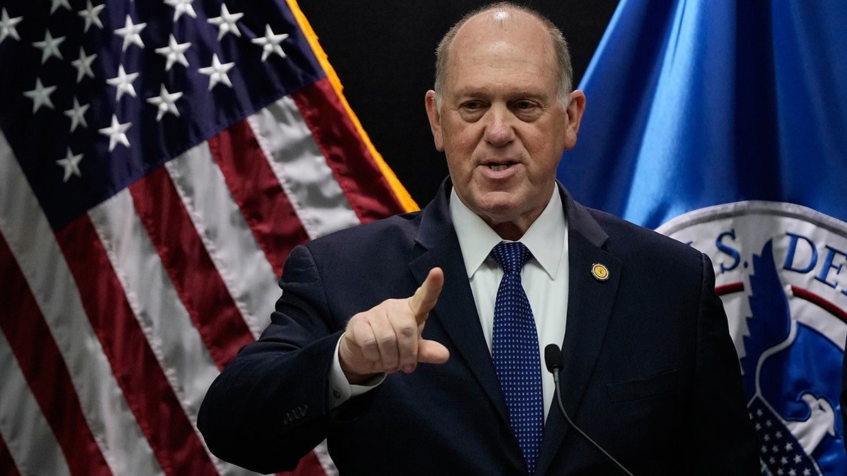 Tom Homan speaking at a news conference at the Bishop Whipple Federal Building.