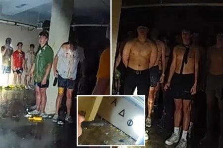 Disturbing viral bodycam footage captures dozens of shirtless, blindfolded University of Iowa pledges covered in food in frat basement