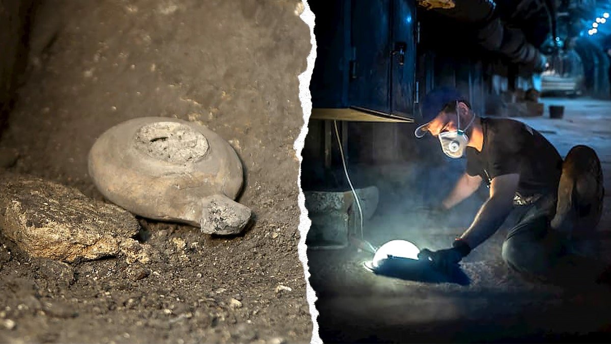 Split image of artifact, man working on ancient road