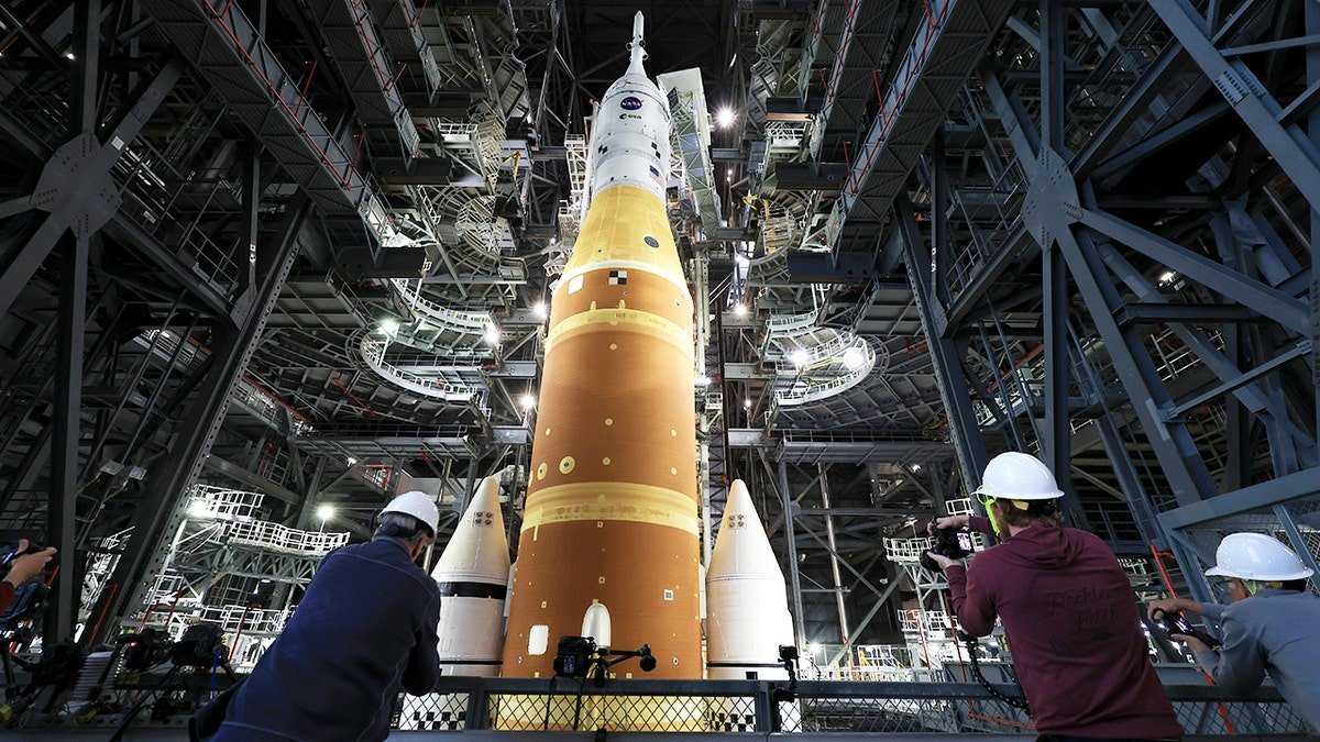 NASA's Artemis II mission rocket and spacecraft inside facility