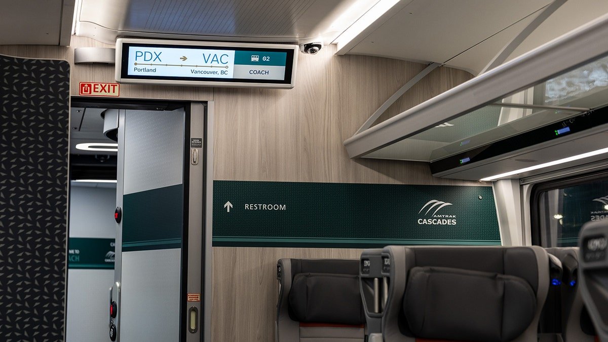 Inside of new Amtrak Airo trains, and the digital screens that will show route information.