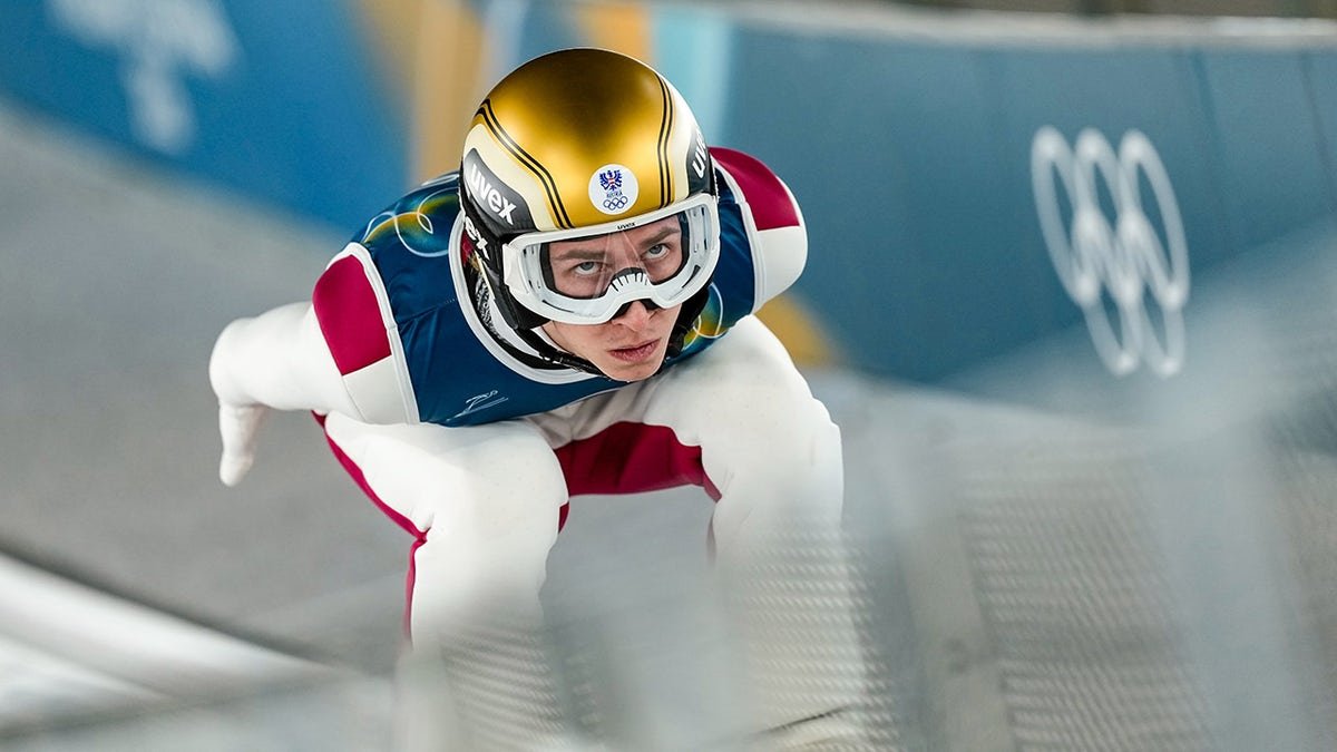 Daniel Tschofenig skis down the ramp