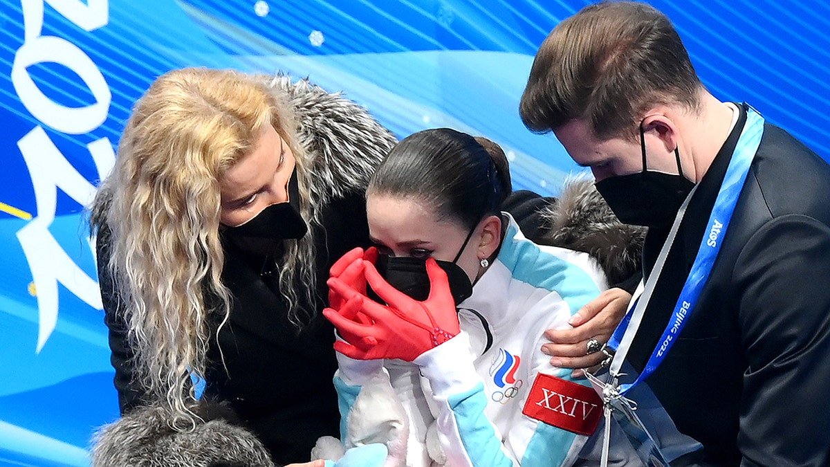 Kamila Valieva cries with coach Eteri Tutberidze