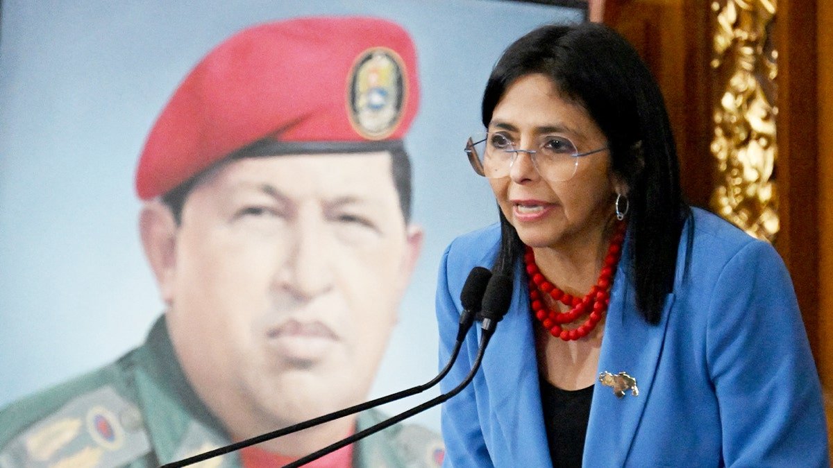 Venezuela’s vice president speaks from the podium during a legislative session in Caracas.