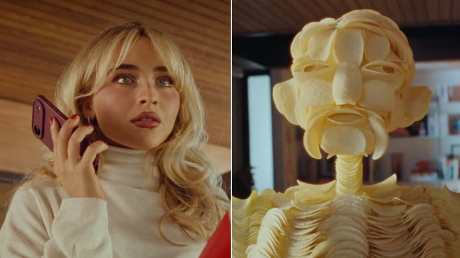Side-by-side images show Sabrina Carpenter appearing in a Pringles commercial alongside a Pringles chip figure ahead of Super Bowl LX.