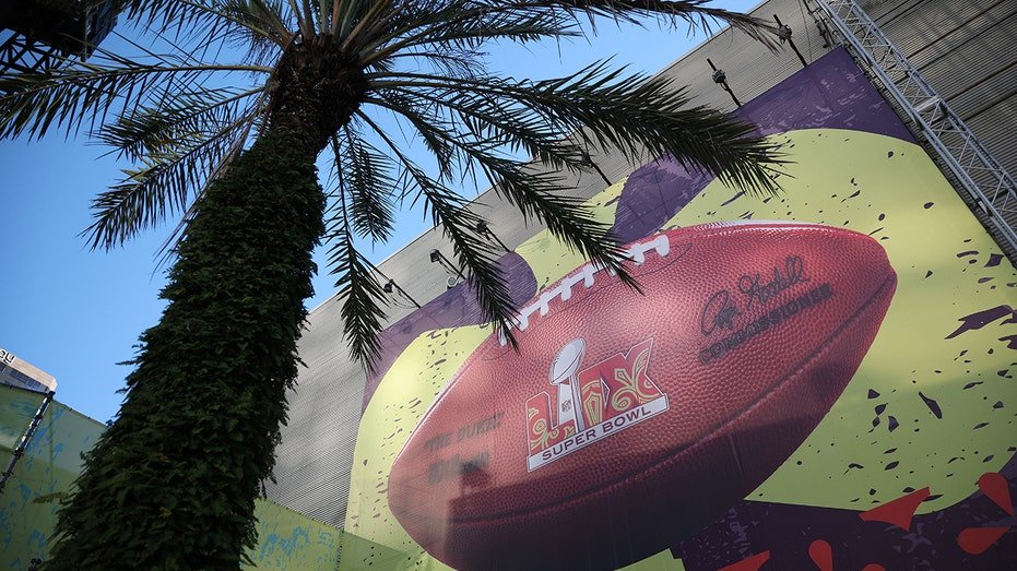 Super Bowl banner at the Caesars Superdome in New Orleans, Louisiana