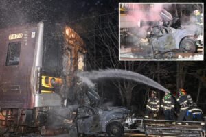 LIRR train crashes into vehicle in fiery wreck, injuring 3