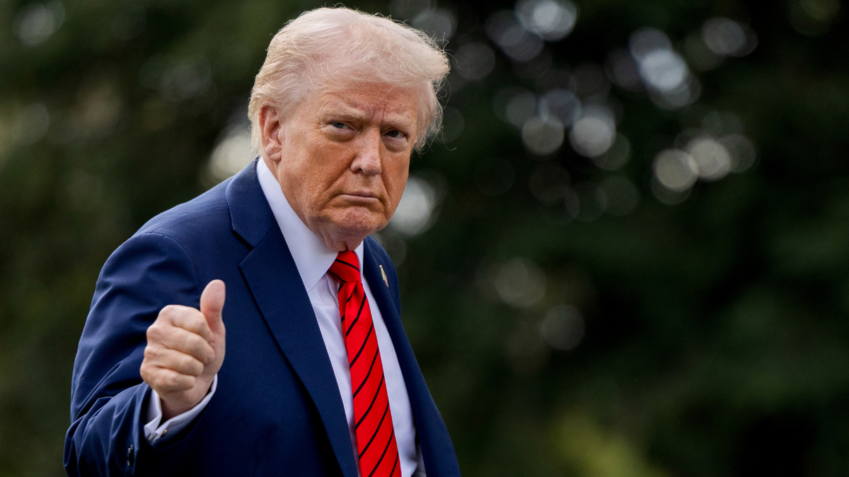 U.S. President Donald Trump gives a thumbs up gesture to reporters on the White House lawn