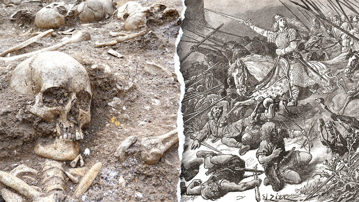 Split image of skeleton, battle with Mercians on right