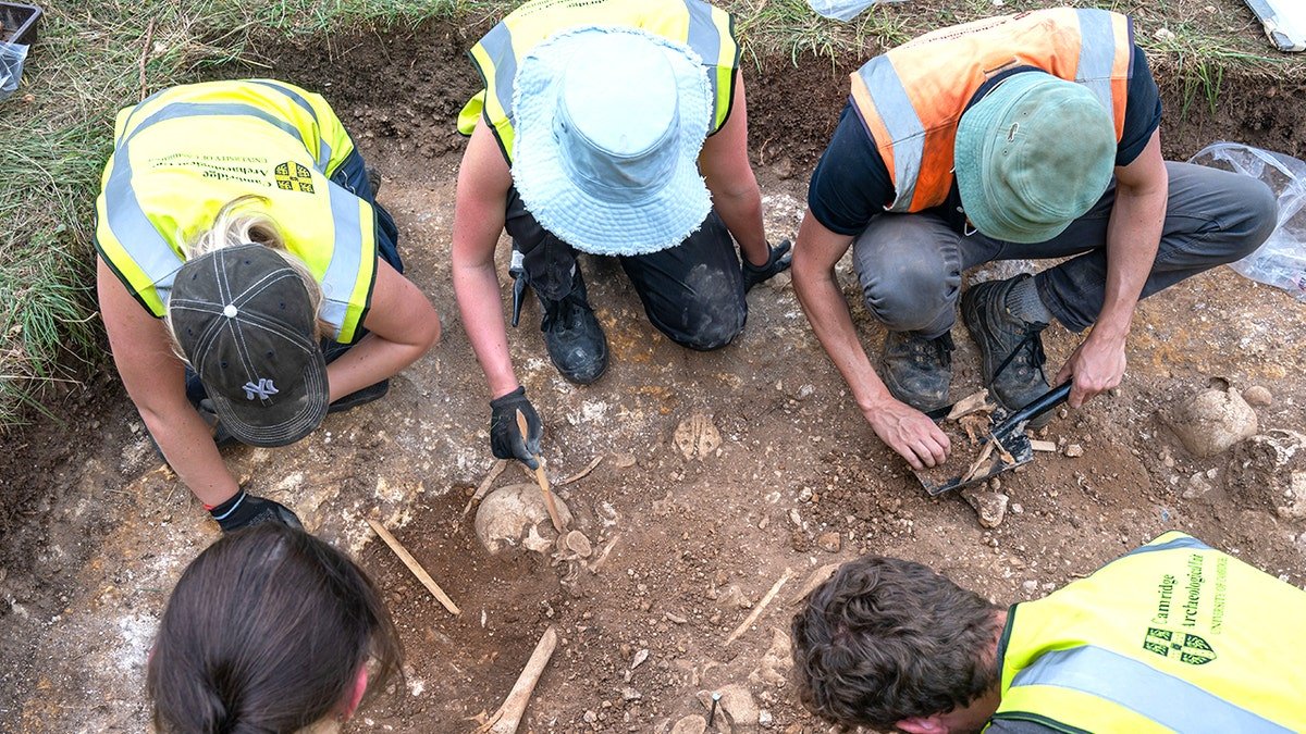 Archaeologists digging at burial site