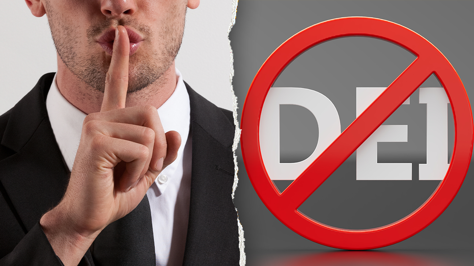 two split thumbnail of man in suit silencing with finger over mouth on left and DEO acronym with red slash over it on right