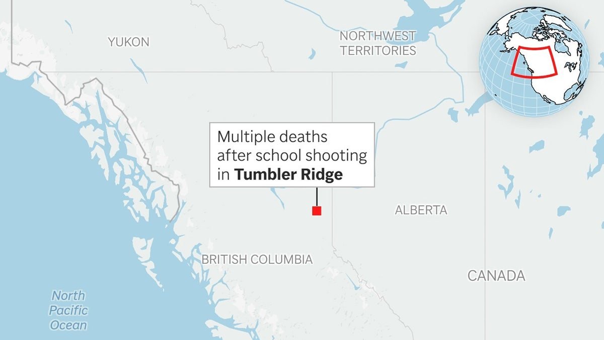 A map showing the location of the Tumbler Ridge school shooting.